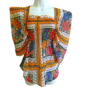 Vintage 60s Byer California Scarf Top Square Neckline Smocked Bodice Butterfly L